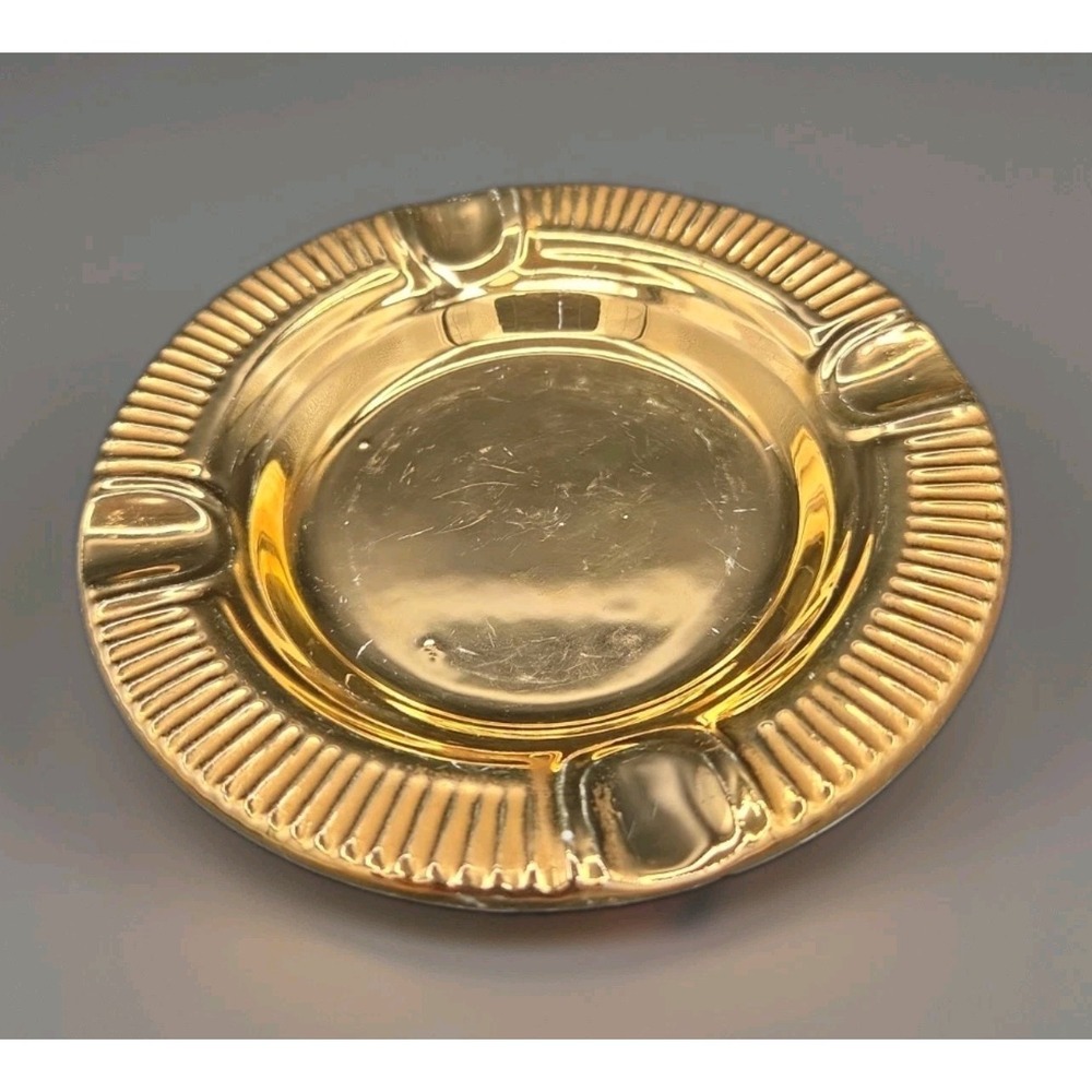 Vintage Mid Century 22K Gold Plated Ceramic Ashtray Ribbed Fluted 5 Inches